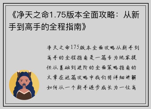 《净天之命1.75版本全面攻略：从新手到高手的全程指南》